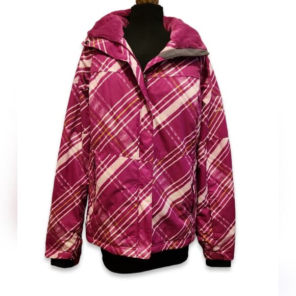 Columbia Snow Jacket Size Large Pink, white and lime green plaid - Picture 1 of 10